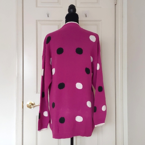 Multicolor Polka Dots Dropped Shoulder Cotton Cardigan Sweater with Pockets. - Picture 2 of 4